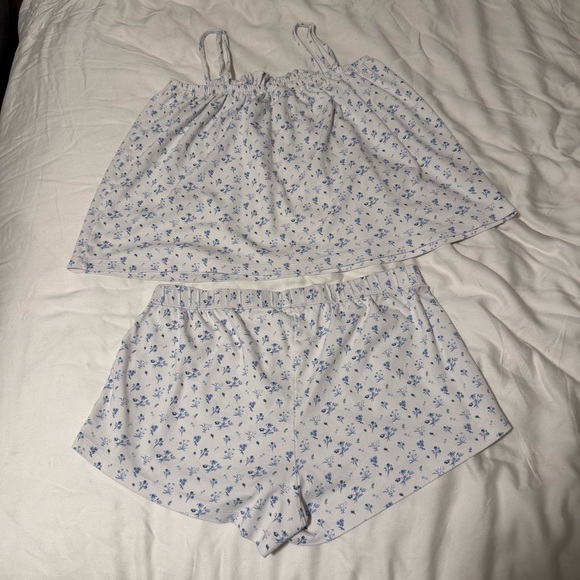 Lake Pajamas Pima Cotton Ruffle Shorts Set French Blue Floral Pajama Set Size M - Picture 7 of 17